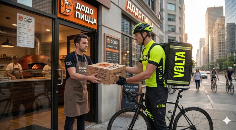 Курьер VOLTA забирает заказ в ресторане
